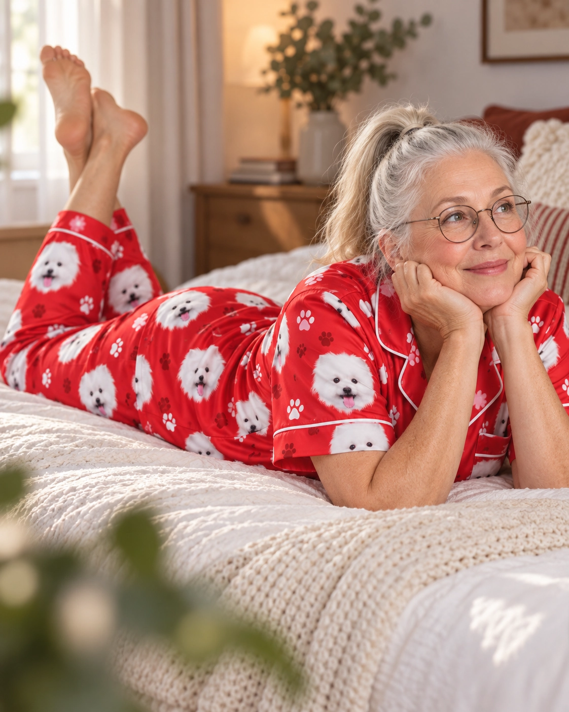 Button Up Pajama Set – Pose, Red Paw-Print | MyDogPics Woman posing in a button up pajama set, white Pomeranian faces on red paw-print satin — MyDogPics