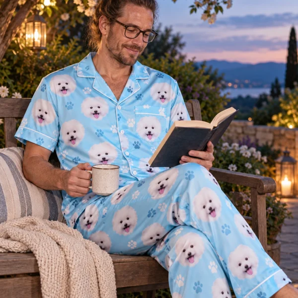 Man sitting in a button up pajama set covered in white Pomeranian faces — MyDogPics