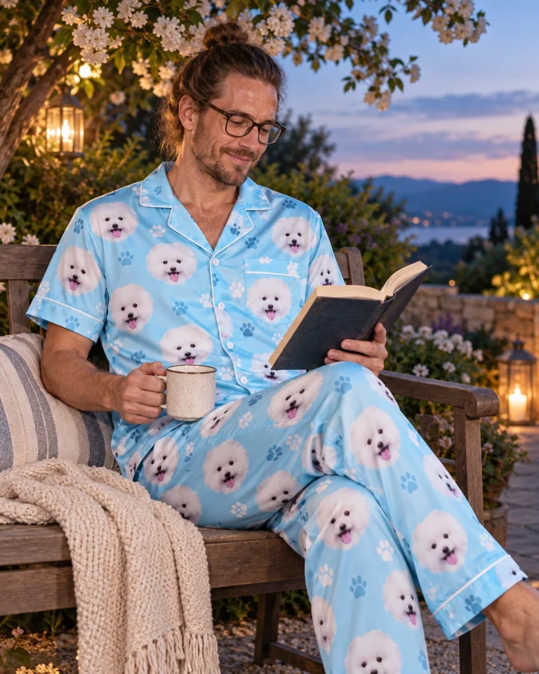 Man sitting in a button up pajama set covered in white Pomeranian faces — MyDogPics