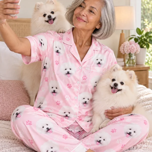 Woman in a button up pajama set with her Pomeranian — MyDogPics