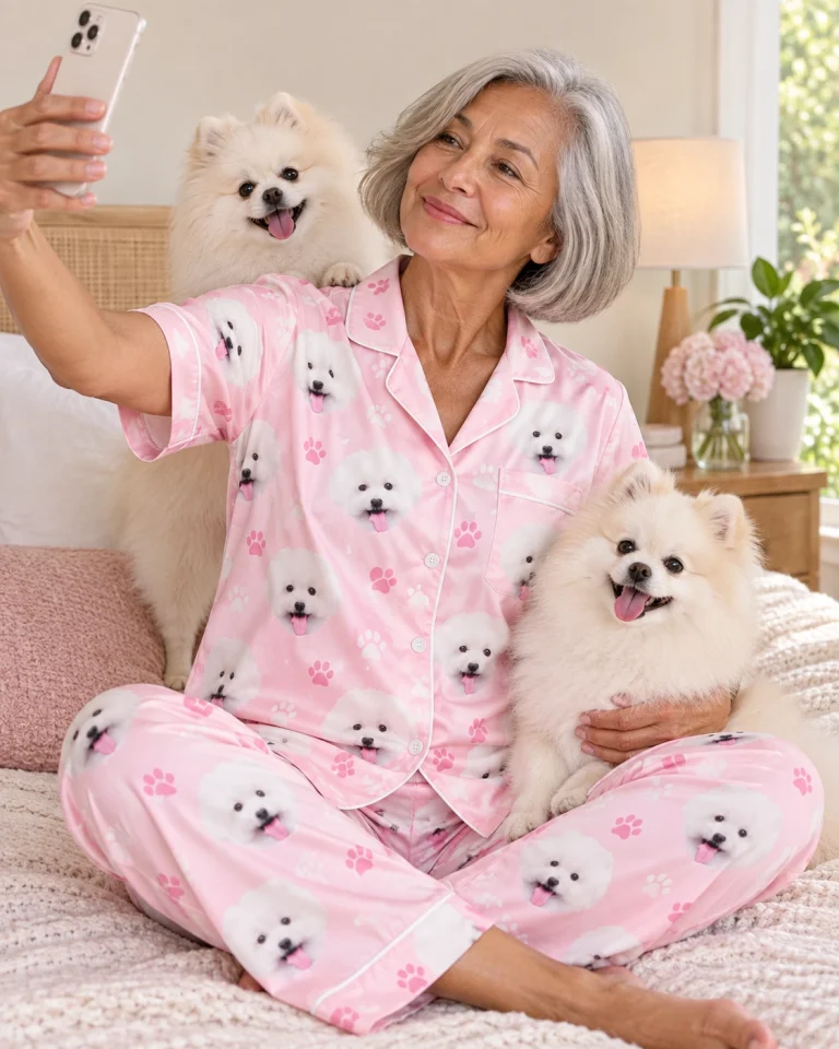 Woman in a button up pajama set with her Pomeranian — MyDogPics