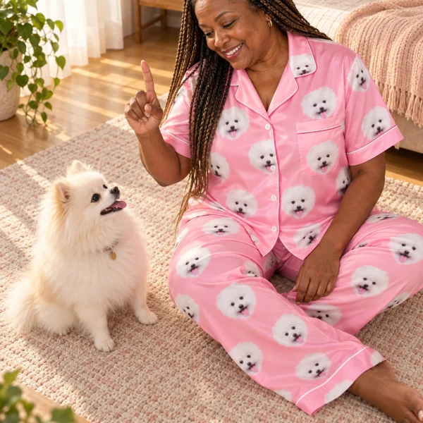 Woman in a button up pajama set with her Pomeranian — MyDogPics