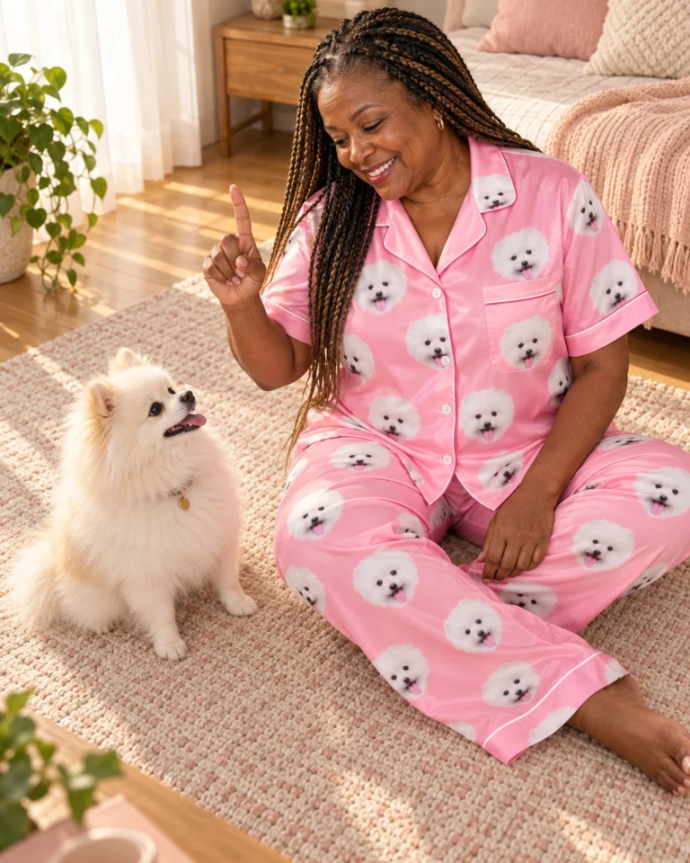 Woman in a button up pajama set with her Pomeranian — MyDogPics