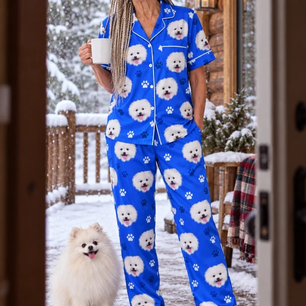 Woman in a button up pajama set with her Pomeranian — MyDogPics