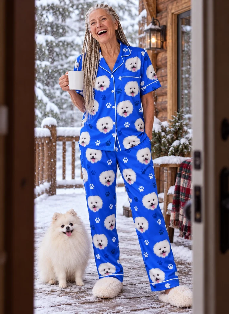 Woman in a button up pajama set with her Pomeranian — MyDogPics