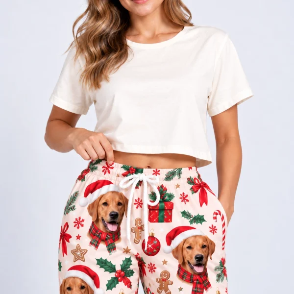 Close-up of the Christmas pajama pants print with golden retriever faces in Santa hats — MyDogPics