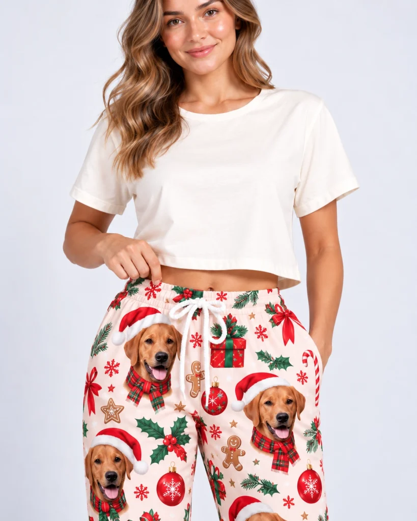 Close-up of the Christmas pajama pants print with golden retriever faces in Santa hats — MyDogPics