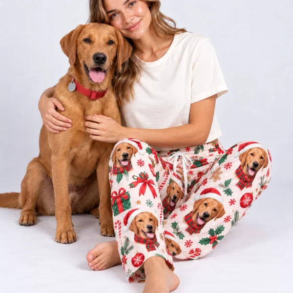 Woman in Christmas pajama pants cuddling her golden retriever — MyDogPics