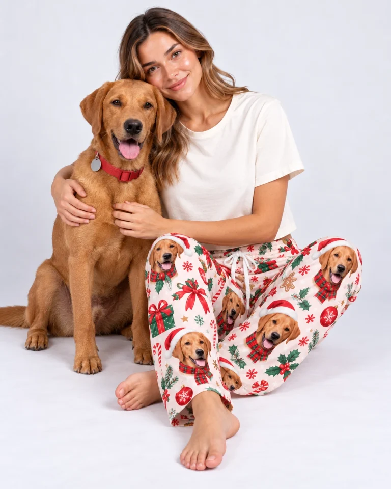 Woman in Christmas pajama pants sitting on the floor with her arm around her golden retriever