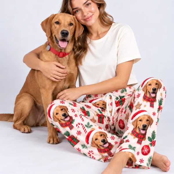 Woman in Christmas pajama pants cuddling her golden retriever — MyDogPics