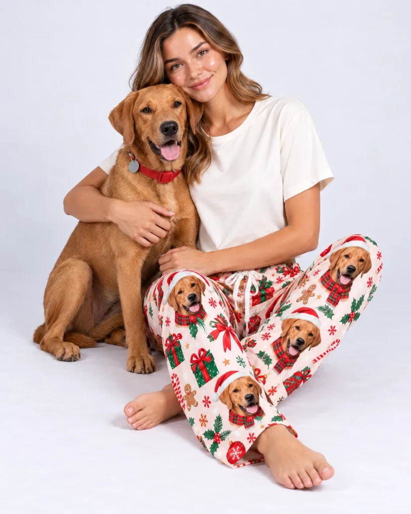 Woman in Christmas pajama pants cuddling her golden retriever — MyDogPics