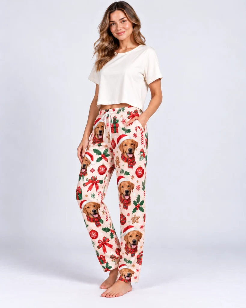 Woman posing in Christmas pajama pants with golden retriever faces in Santa hats — MyDogPics