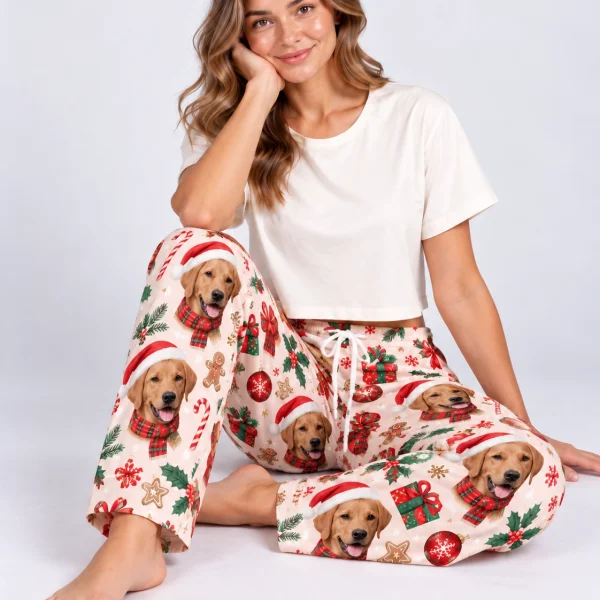 Woman sitting in Christmas pajama pants covered in golden retriever faces in Santa hats — MyDogPics