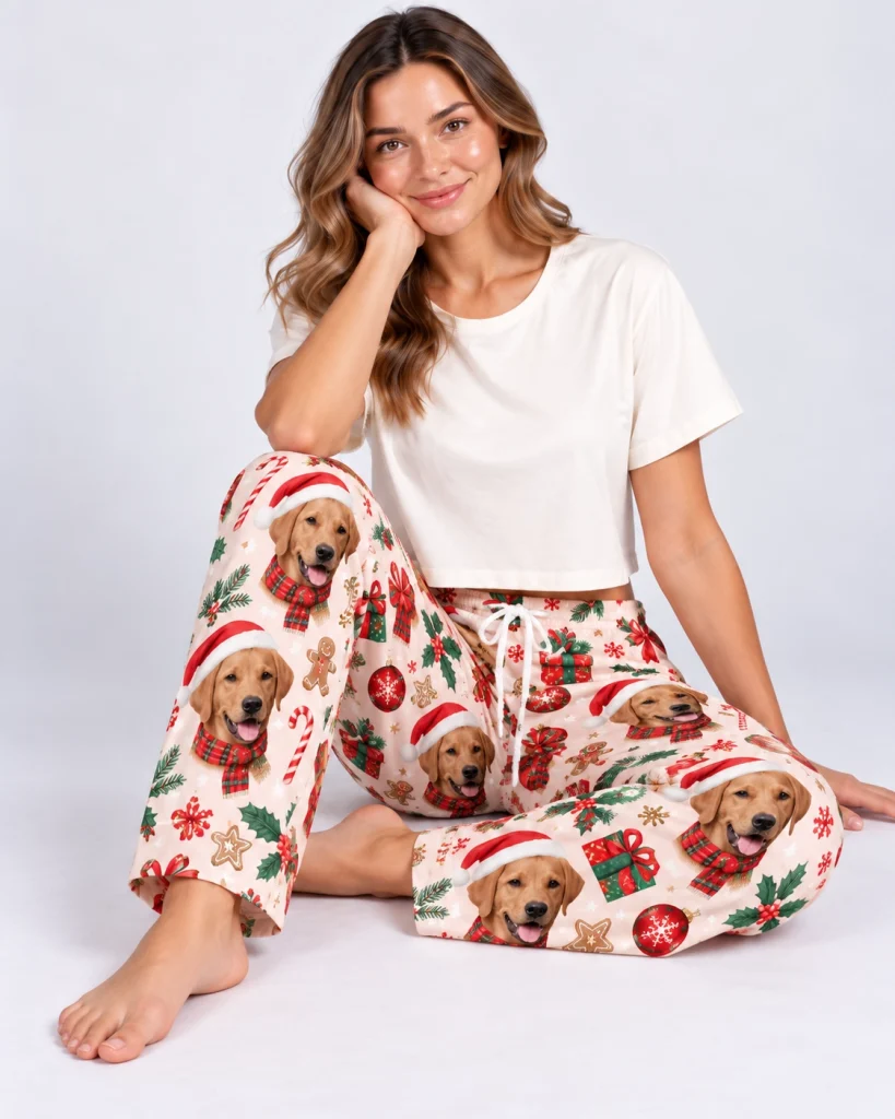Woman sitting in Christmas pajama pants covered in golden retriever faces in Santa hats — MyDogPics