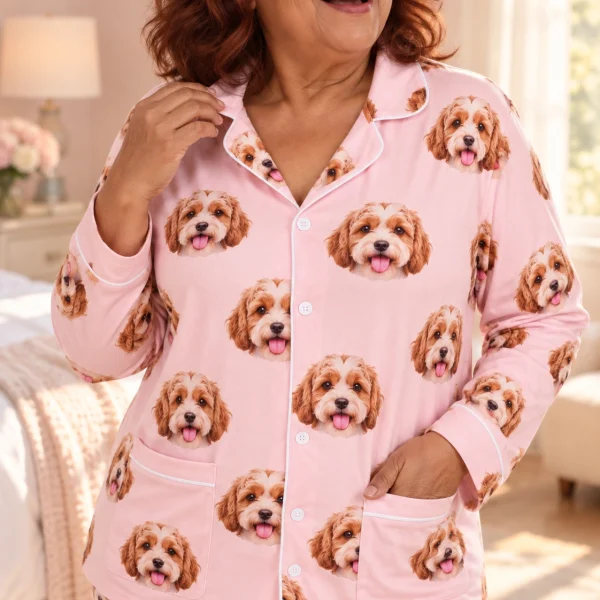 Close-up of the classic pajamas print: doodle puppy faces on blush pink fabric with contrast piping — MyDogPics