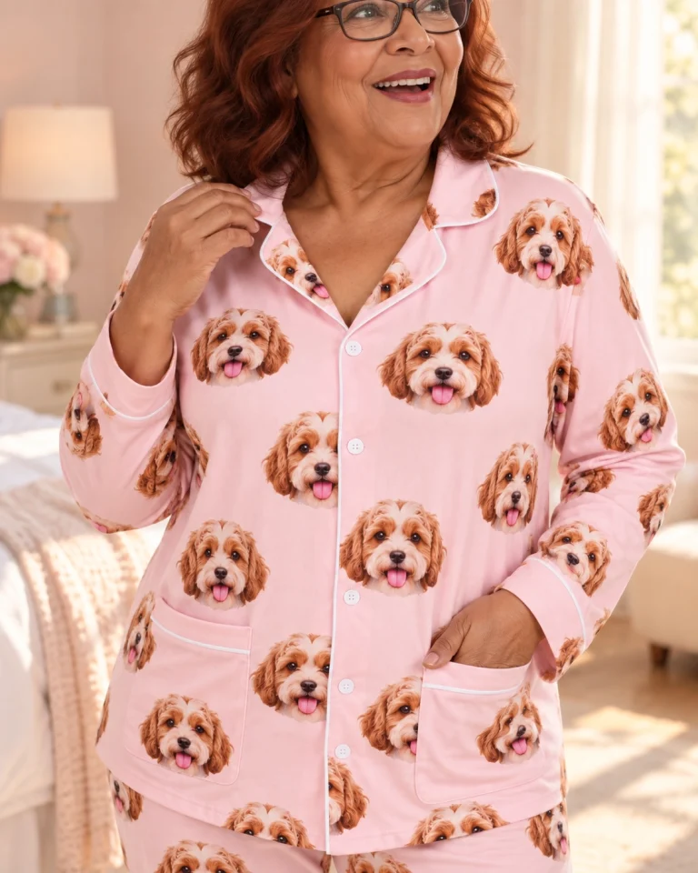 Close-up of the classic pajamas print: doodle puppy faces on blush pink fabric with contrast piping — MyDogPics