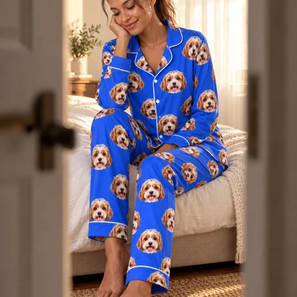 Close-up of the classic pajamas print: doodle puppy faces on royal blue fabric with contrast piping — MyDogPics