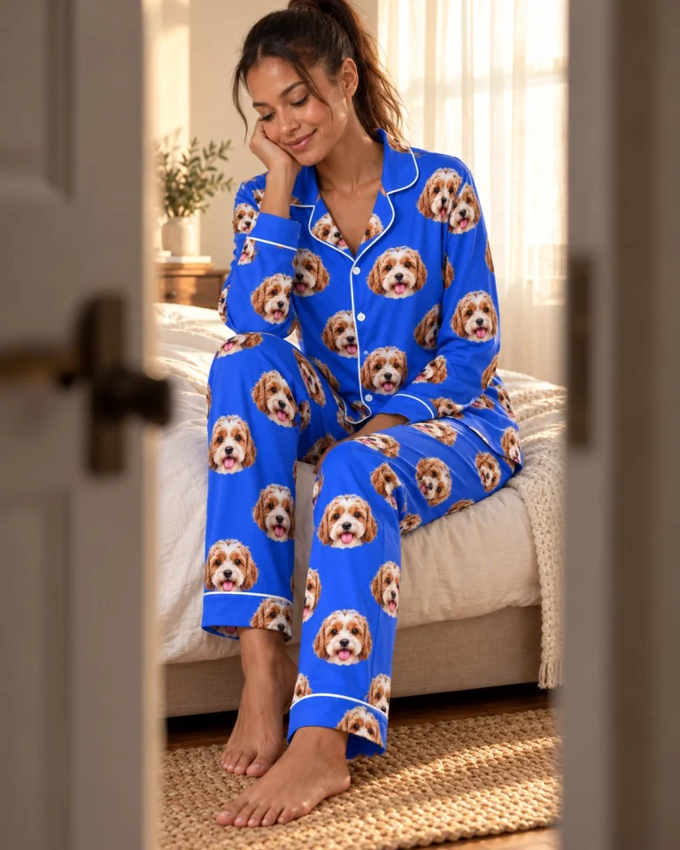 Close-up of the classic pajamas print: doodle puppy faces on royal blue fabric with contrast piping — MyDogPics