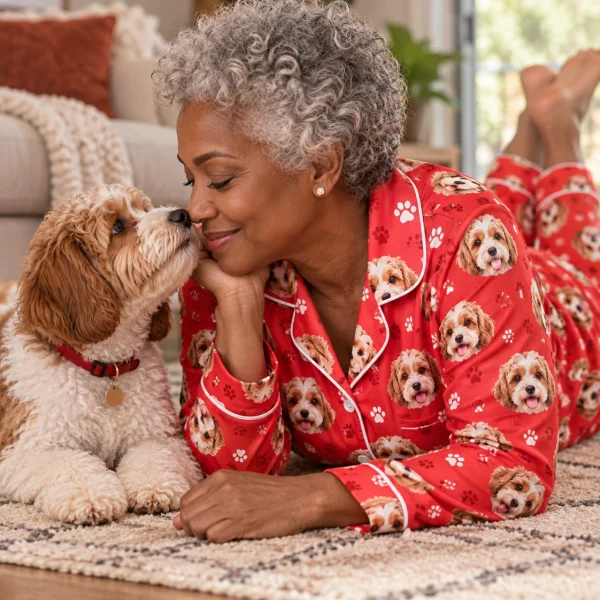 Woman in classic pajamas cuddling her doodle puppy — MyDogPics