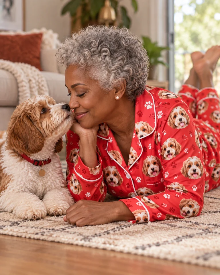 Woman in classic pajamas cuddling her doodle puppy — MyDogPics