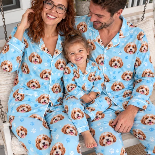 Woman and her family in matching classic pajamas with doodle puppy faces — MyDogPics