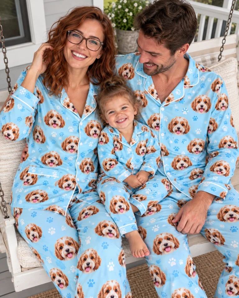 Woman and her family in matching classic pajamas with doodle puppy faces — MyDogPics