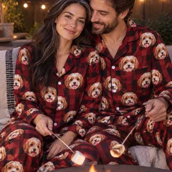 Woman and her partner in matching classic pajamas with doodle puppy faces — MyDogPics