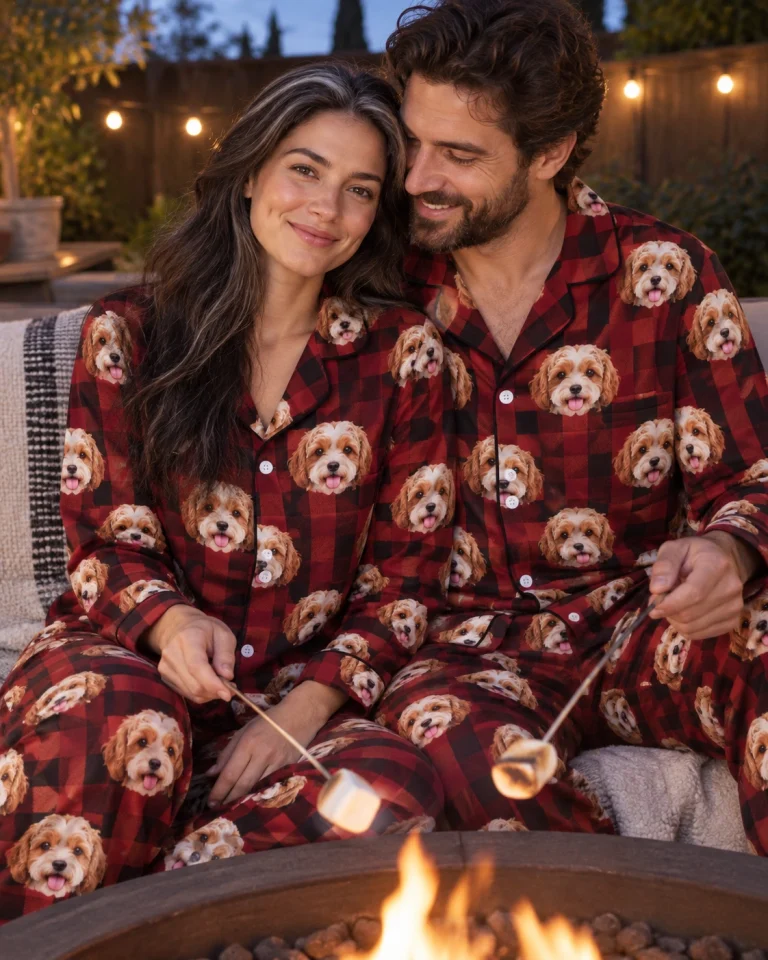 Woman and her partner in matching classic pajamas with doodle puppy faces — MyDogPics