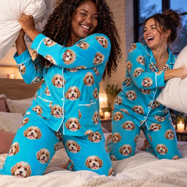 Woman and a friend in matching classic pajamas with doodle puppy faces on teal fabric with contrast piping — MyDogPics