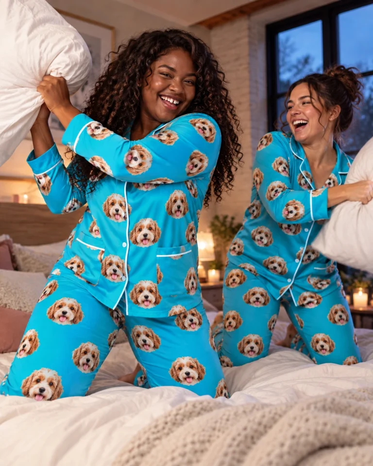 Woman and a friend in matching classic pajamas with doodle puppy faces on teal fabric with contrast piping — MyDogPics