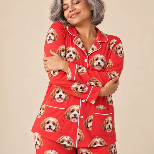 Woman wearing classic pajamas covered in doodle puppy faces on red fabric with contrast piping — MyDogPics