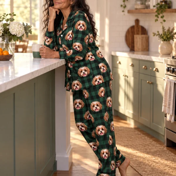 Side view of classic pajamas with doodle puppy faces on green plaid fabric with contrast piping — MyDogPics