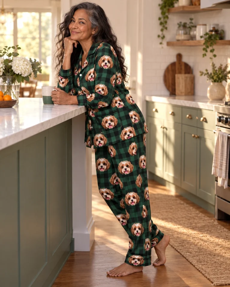 Side view of classic pajamas with doodle puppy faces on green plaid fabric with contrast piping — MyDogPics