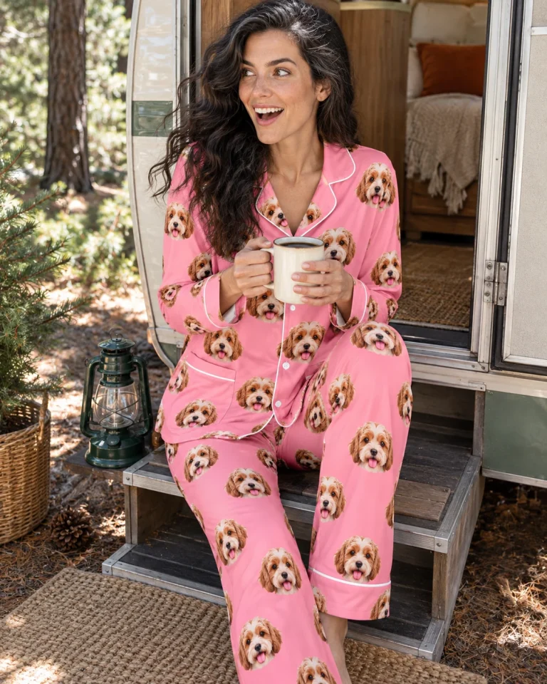 Woman sitting in classic pajamas covered in doodle puppy faces — MyDogPics