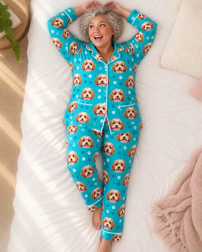 Woman sitting in classic pajamas covered in doodle puppy faces — MyDogPics