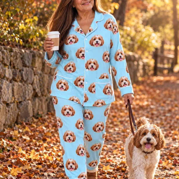 Woman in classic pajamas with her doodle puppy — MyDogPics