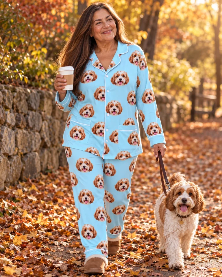 Woman in classic pajamas with her doodle puppy — MyDogPics