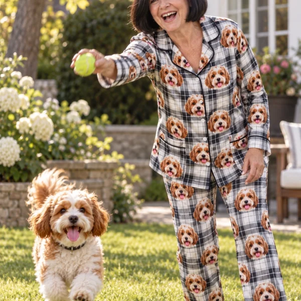 Woman in classic pajamas with her doodle puppy — MyDogPics