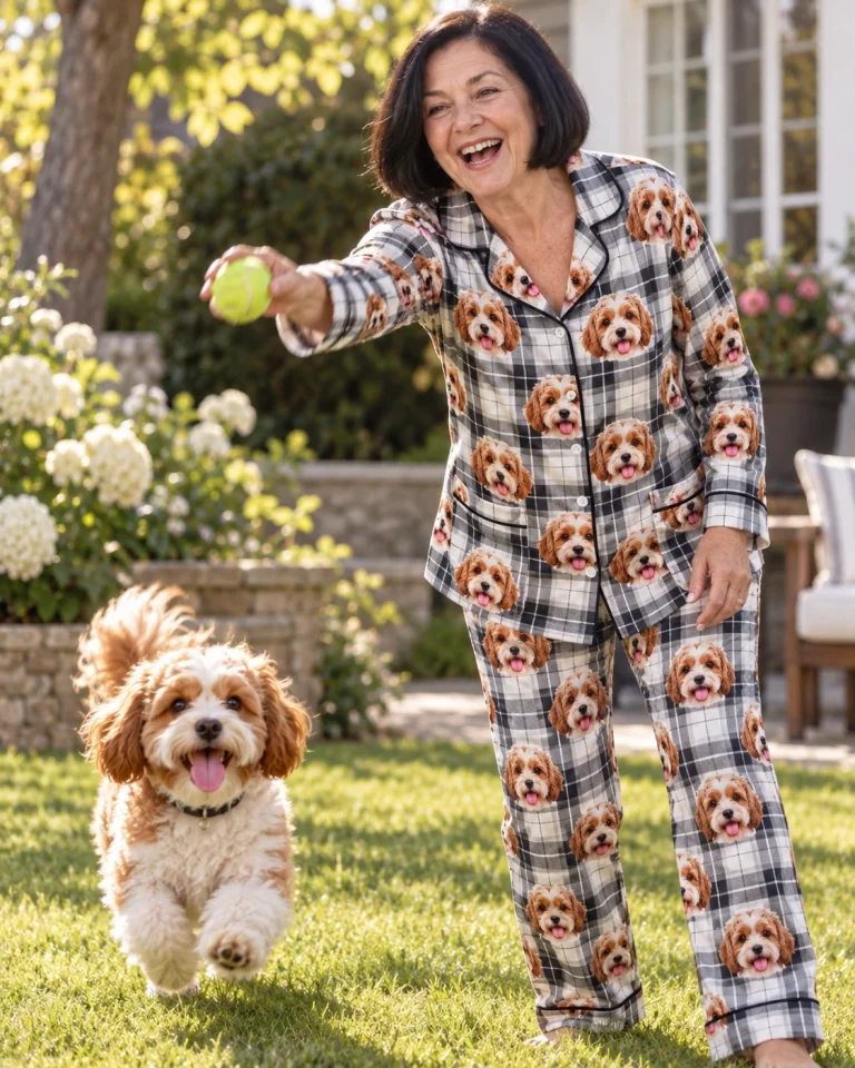 Woman in classic pajamas with her doodle puppy — MyDogPics