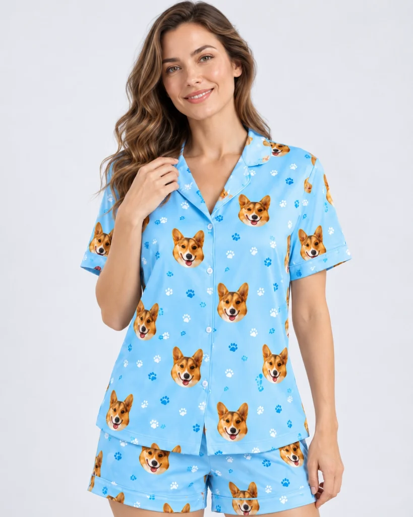Close-up of the corgi pajamas print: corgi faces on sky blue satin with paw prints — MyDogPics