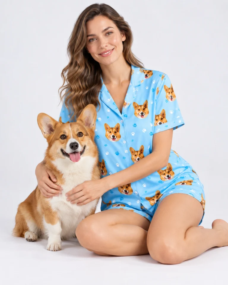 Woman in pajamas printed with her corgi's face, cuddling the corgi on the floor
