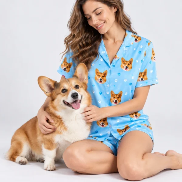 Woman in corgi pajamas cuddling her corgi — MyDogPics