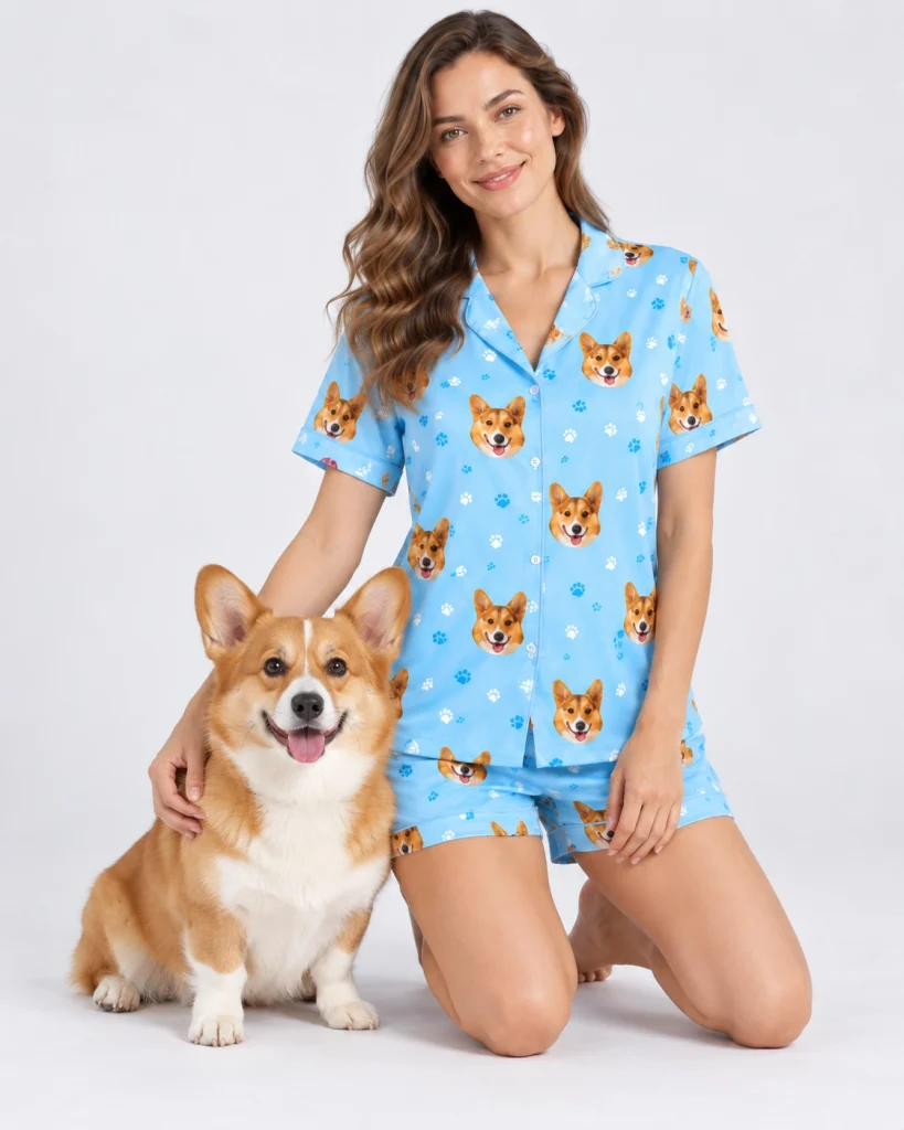 Woman in corgi pajamas cuddling her corgi — MyDogPics