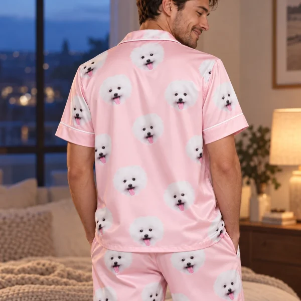 Back view of couples Christmas pajamas: the print continues all the way round — MyDogPics
