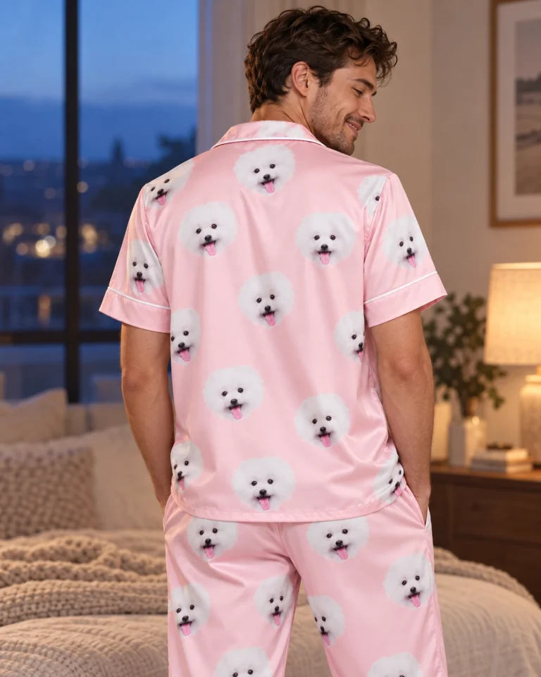 Back view of couples Christmas pajamas: the print continues all the way round — MyDogPics