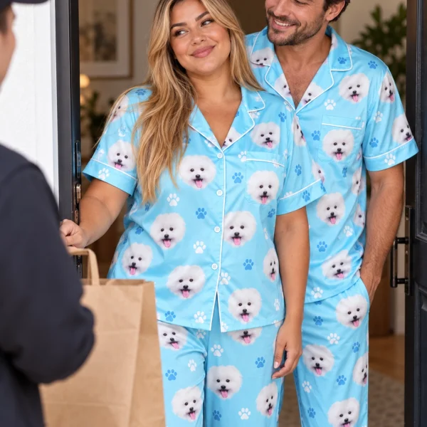 Woman and her partner in matching couples Christmas pajamas with white Pomeranian faces — MyDogPics