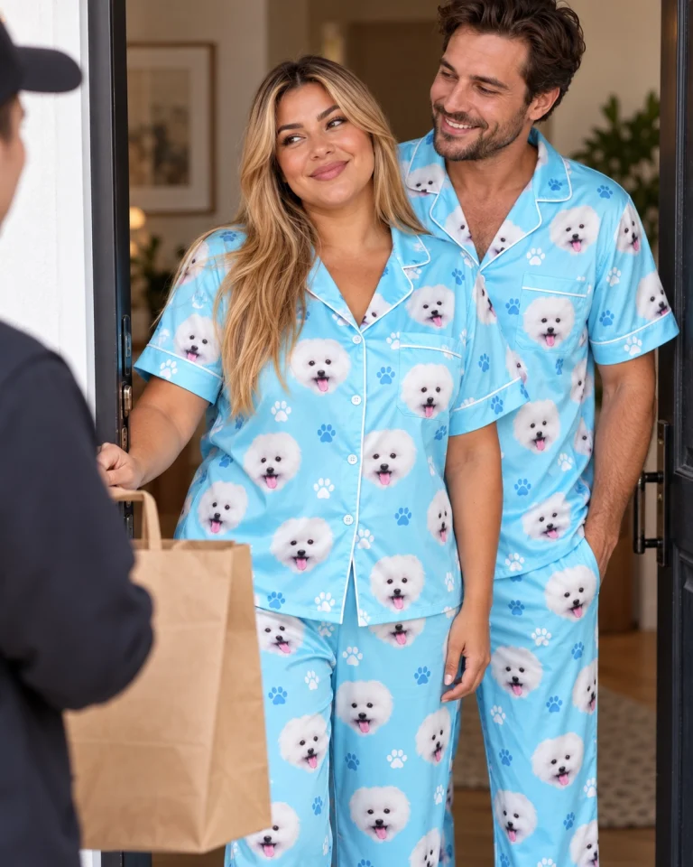 Woman and her partner in matching couples Christmas pajamas with white Pomeranian faces — MyDogPics