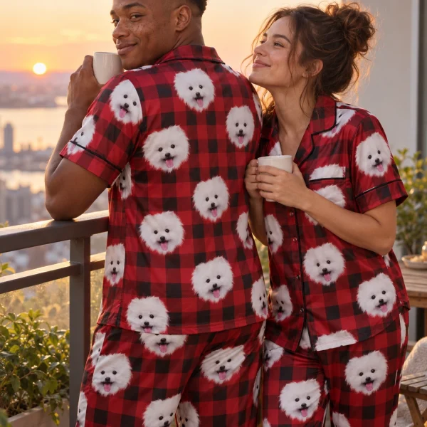 Woman and her partner in matching couples Christmas pajamas with white Pomeranian faces on red plaid satin — MyDogPics