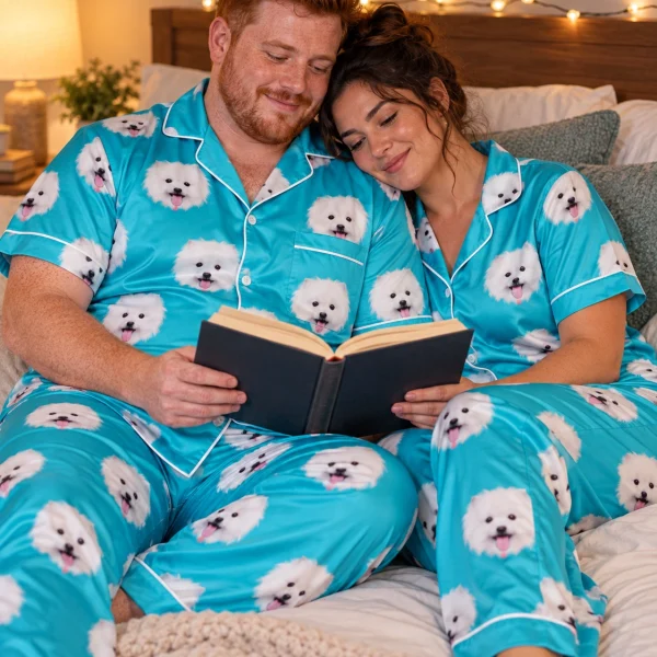 Man and his partner in matching couples Christmas pajamas with white Pomeranian faces on teal satin — MyDogPics