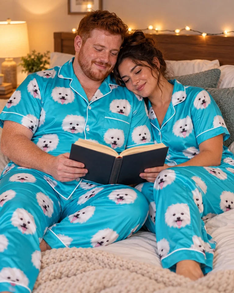 Man and his partner in matching couples Christmas pajamas with white Pomeranian faces on teal satin — MyDogPics